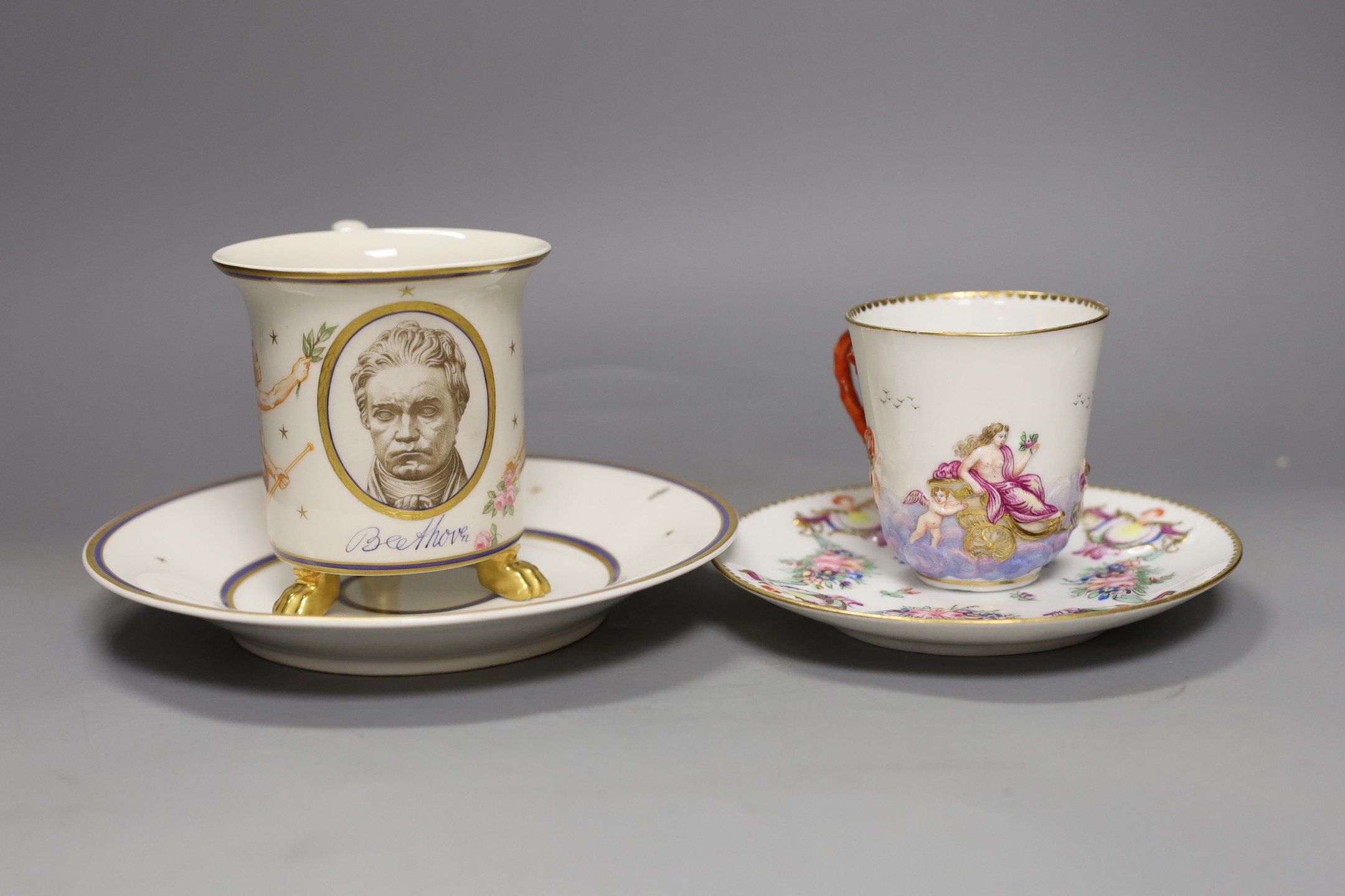 A KPM porcelain 100th anniversary of the death of Beethoven cup and saucer, painted with a portrait of Beethoven, celebrating the centenary of the composer’s death in 1827, 109 of 300, circa 1927 and Capo di Monte cup an